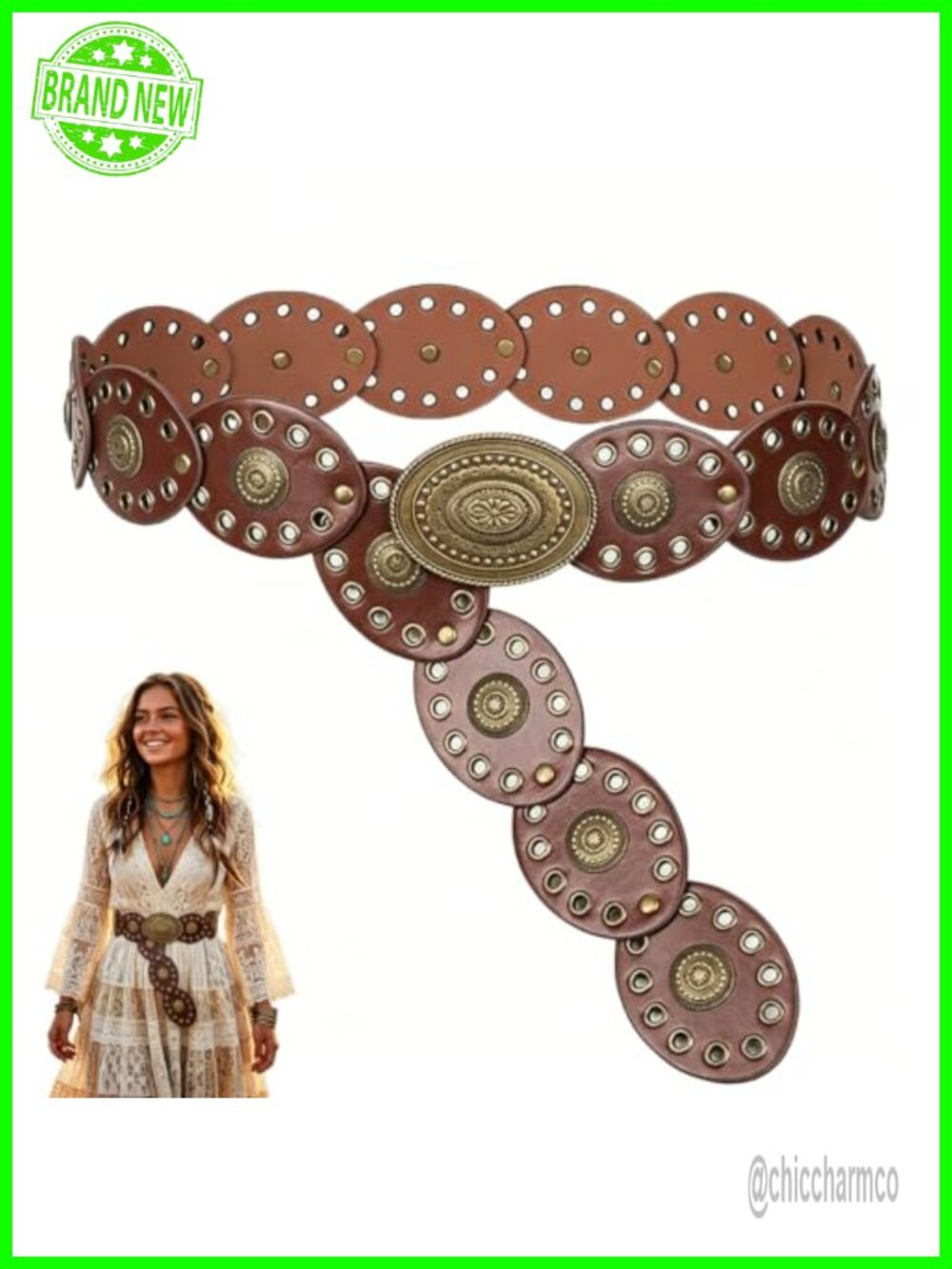 PU Leather Western Boho Belt for Women Hollow Out Disc Waist Belt